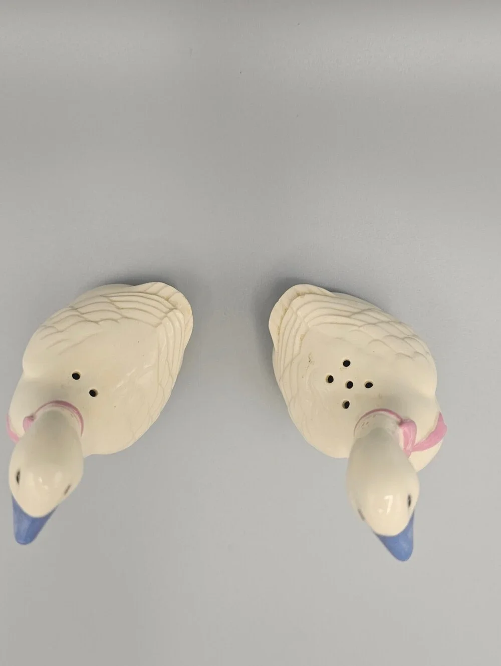 Vintage Ceramic Goose Salt and Pepper Shakers with Pink Bow and Blue Beak